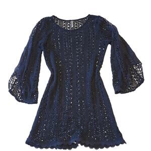 Navy Crochet Tunic Top Bell Sleeve Boho Beach Cover Up